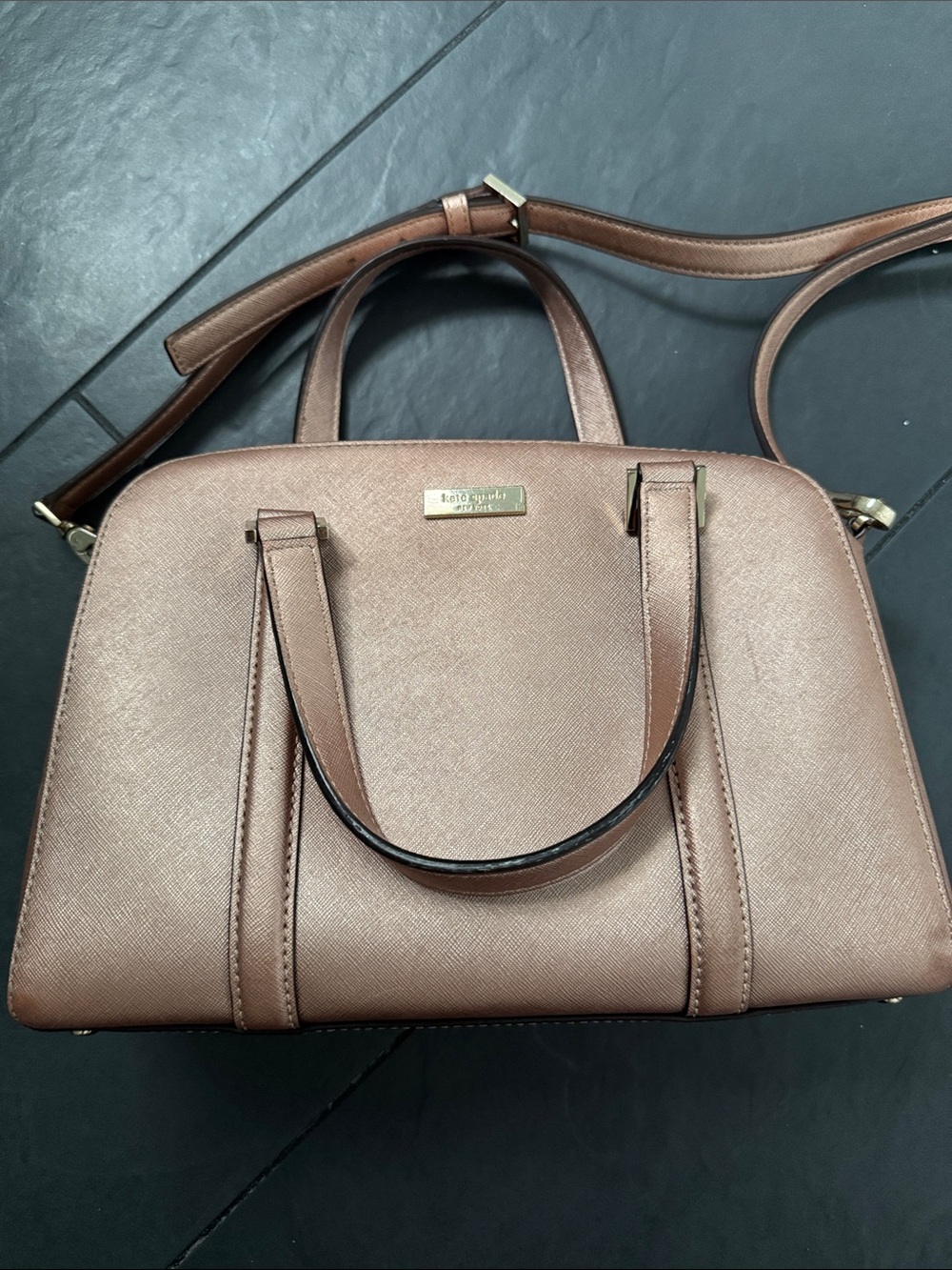 kate spade metallic rose gold satchel with top handles & shoulder strap